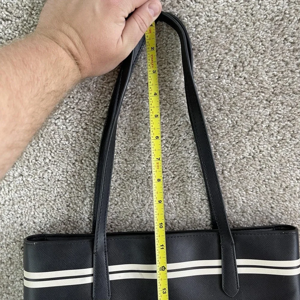 Kate Spade Tote Bag Womens Large Black Leather Striped Shoulder Outer Pocket